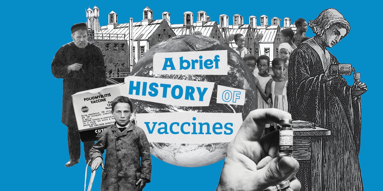 Collage showing various items from the history of vaccines