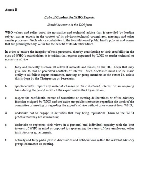 Annex B: Code of Conduct for WHO experts