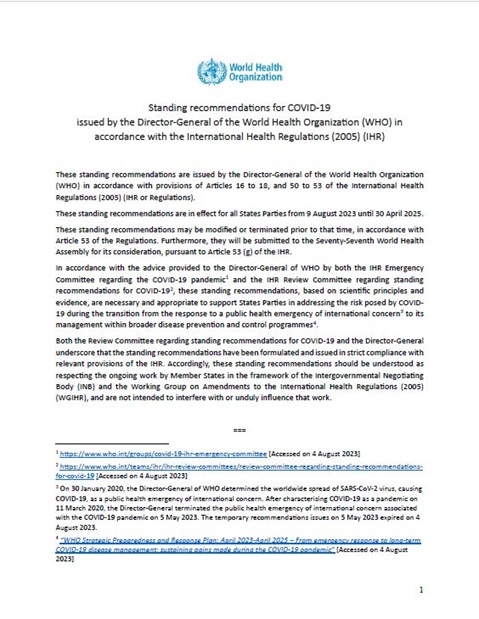 Standing recommendations for COVID-19 issued by the Director-General of the World Health Organization (WHO) in accordance with the International Health Regulations (2005) (IHR)