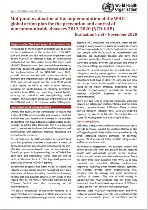 Mid-point evaluation of the implementation of the WHO
global action plan for the prevention and control of
noncommunicable diseases 2013-2020 (NCD-GAP): Evaluation brief – November 2020